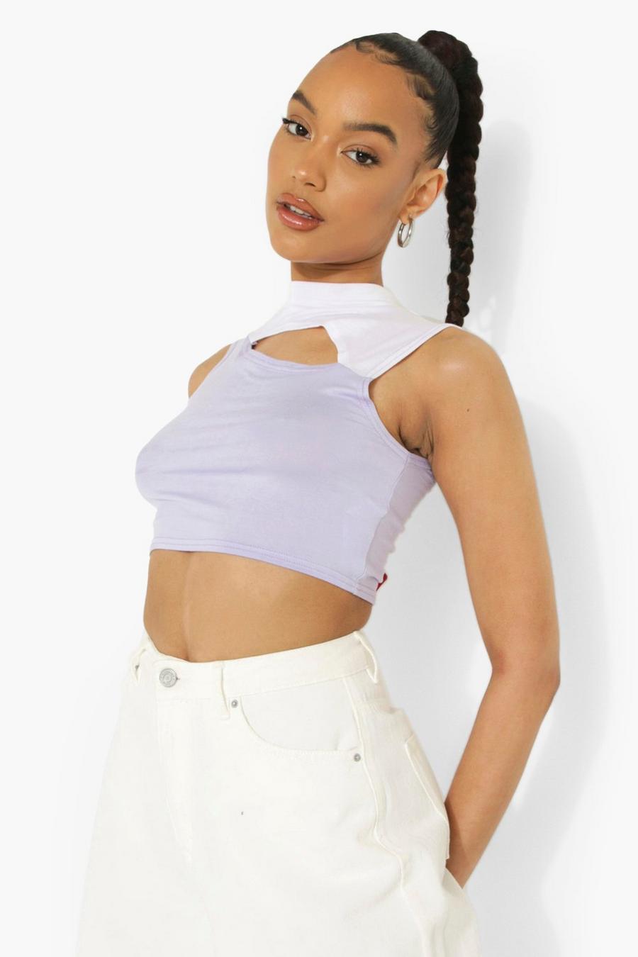 Lilac Cut Out Two Tone Sleeveless Crop Top image number 1