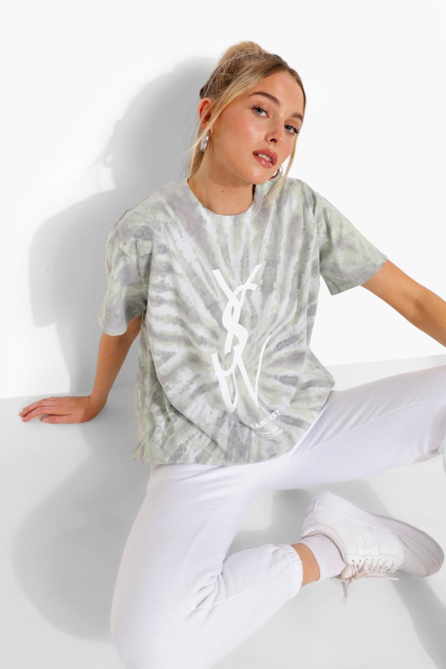 T-shirt oversize effetto tie-dye con scritta Ye Saint West, Grigio image number 1