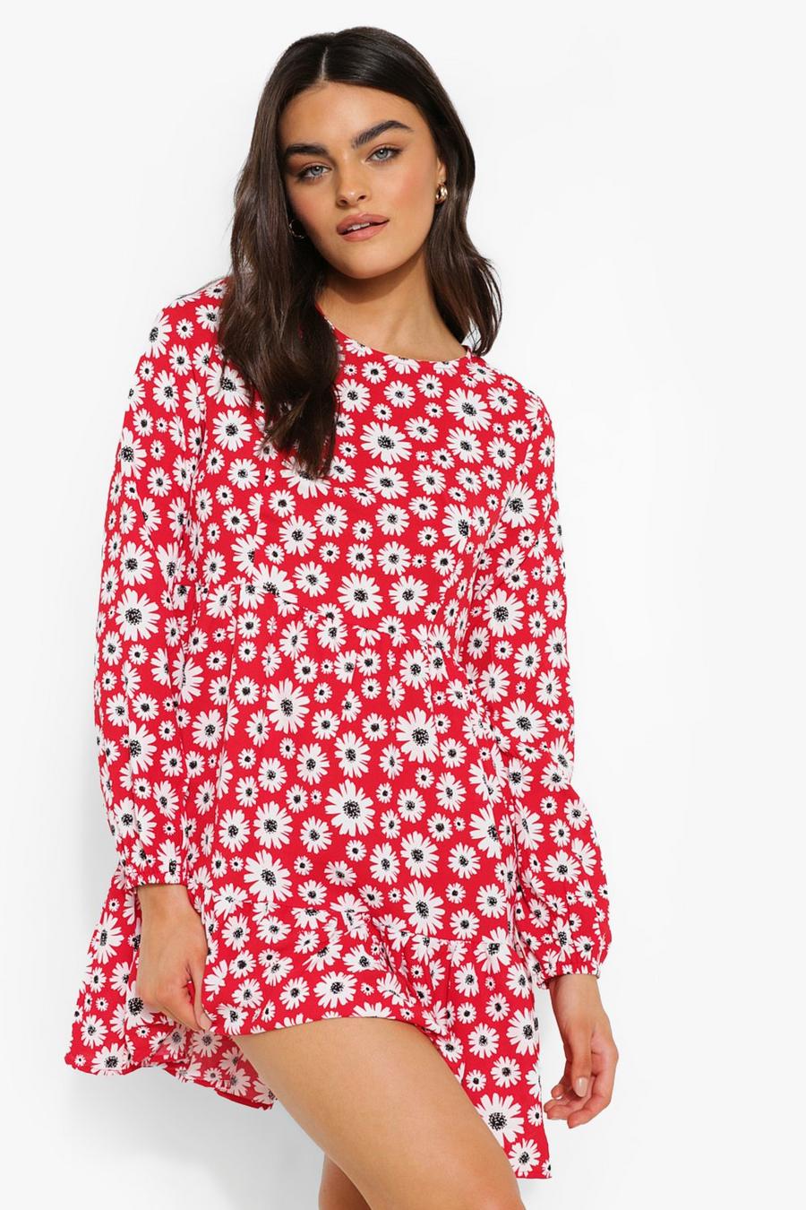 Vestido estilo blusón con estampado floral y bajo caído, Rojo image number 1