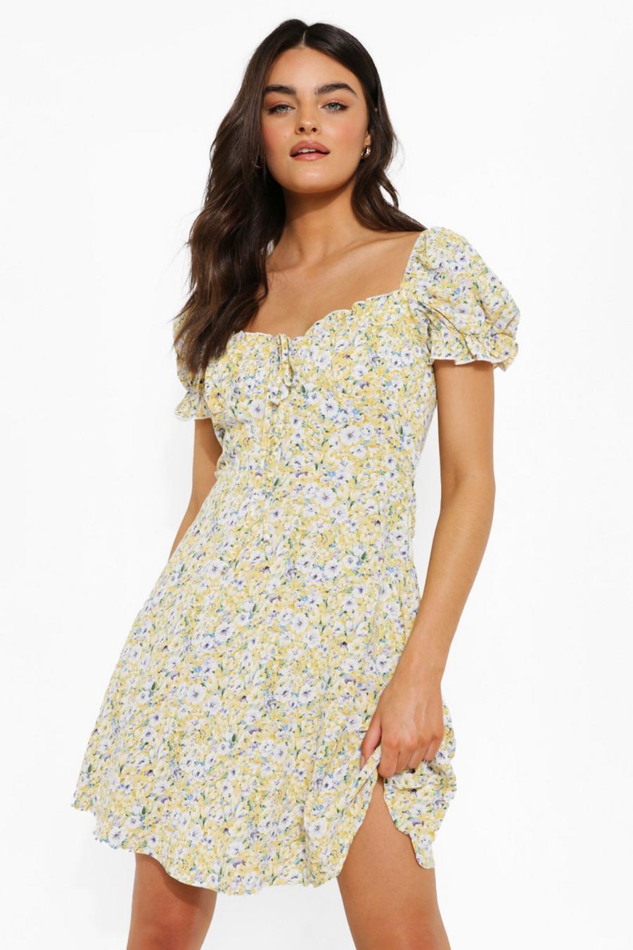 Yellow Ditsy Floral Puff Sleeve Skater Dress image number 1