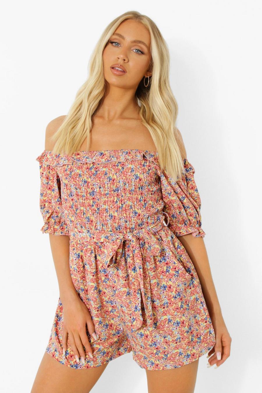 Yellow Blommig off shoulder-playsuit