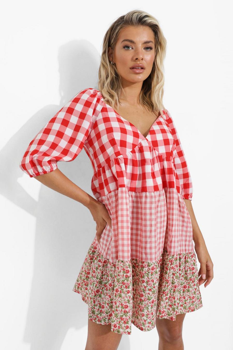 Pink Mixed Gingham Print Puff Sleeve Smock Dress image number 1