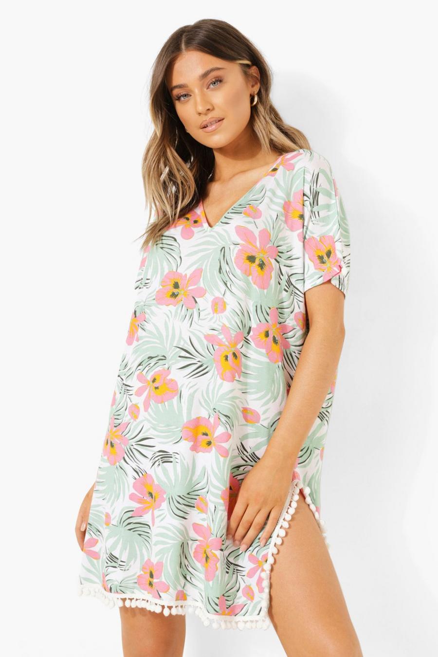 Multi Hawaiian Print Pom Pom Side Slit Tshirt Dress image number 1