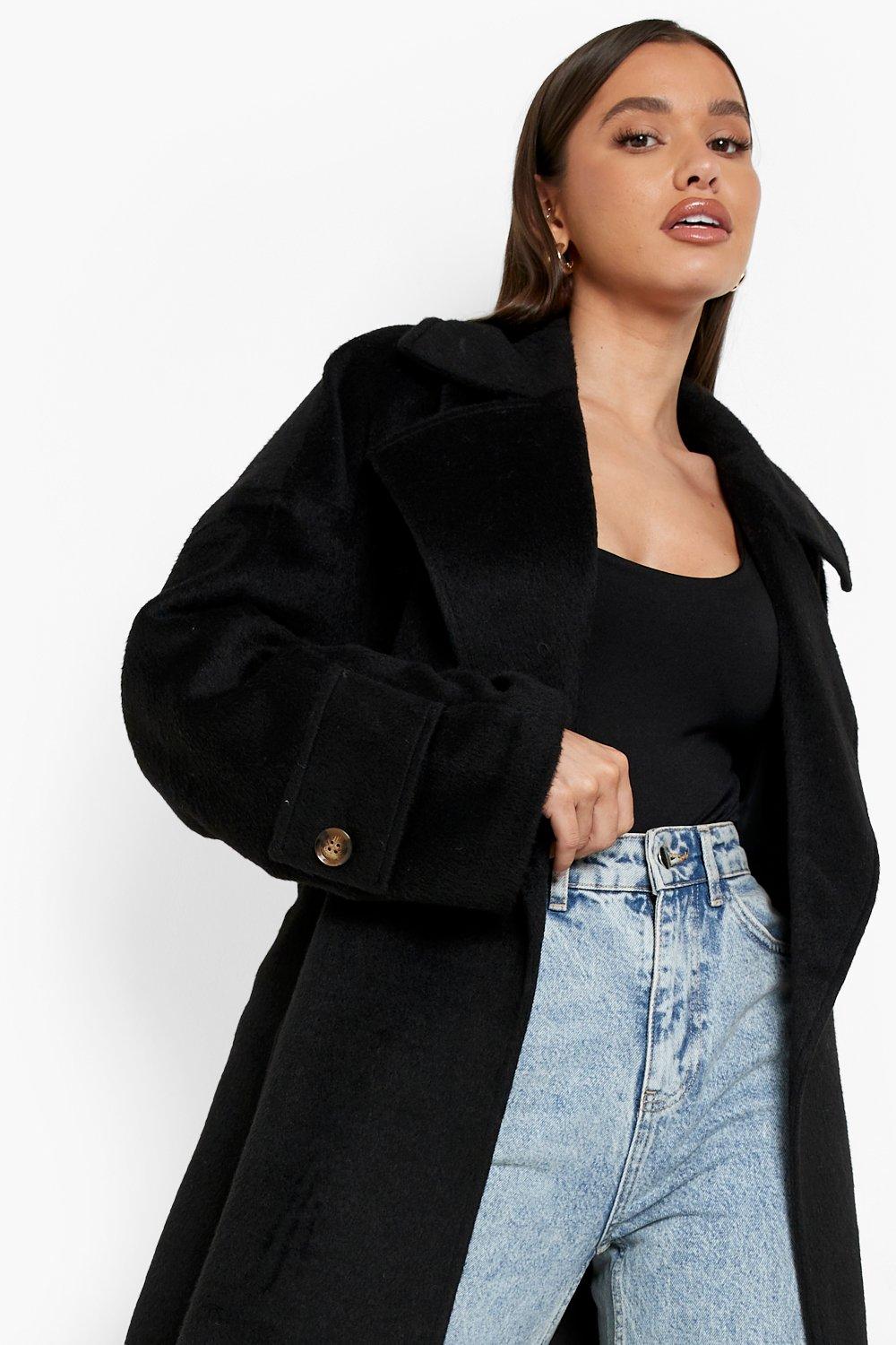 boohoo Short Belted Wool Look Coat - Black - Size 8