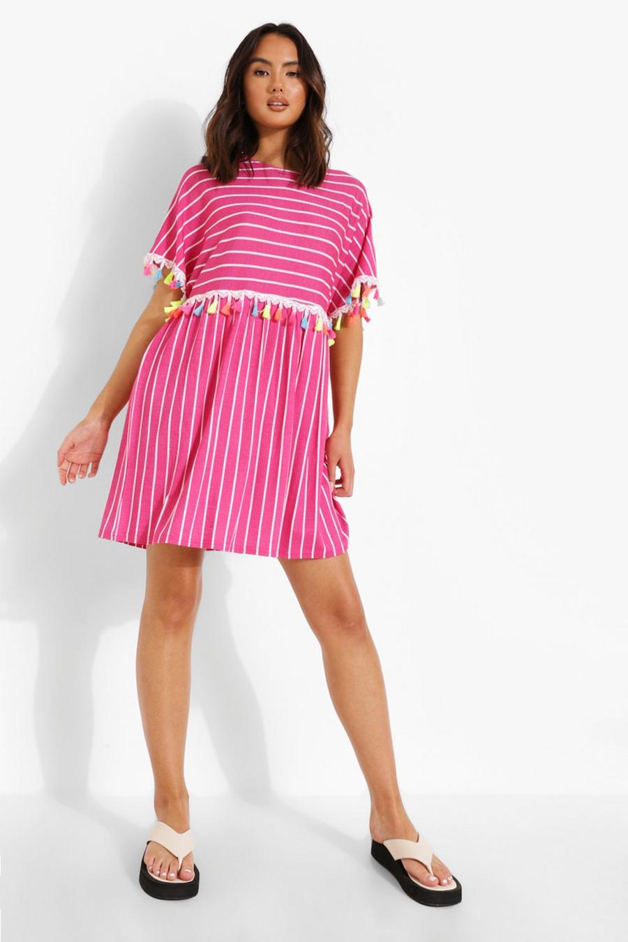 Hot pink Striped Tassel Smock Dress image number 1