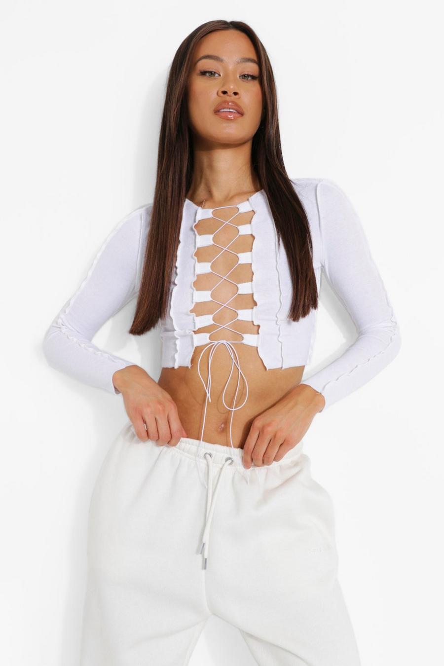 White Lace Up Rib Crop Toop image number 1