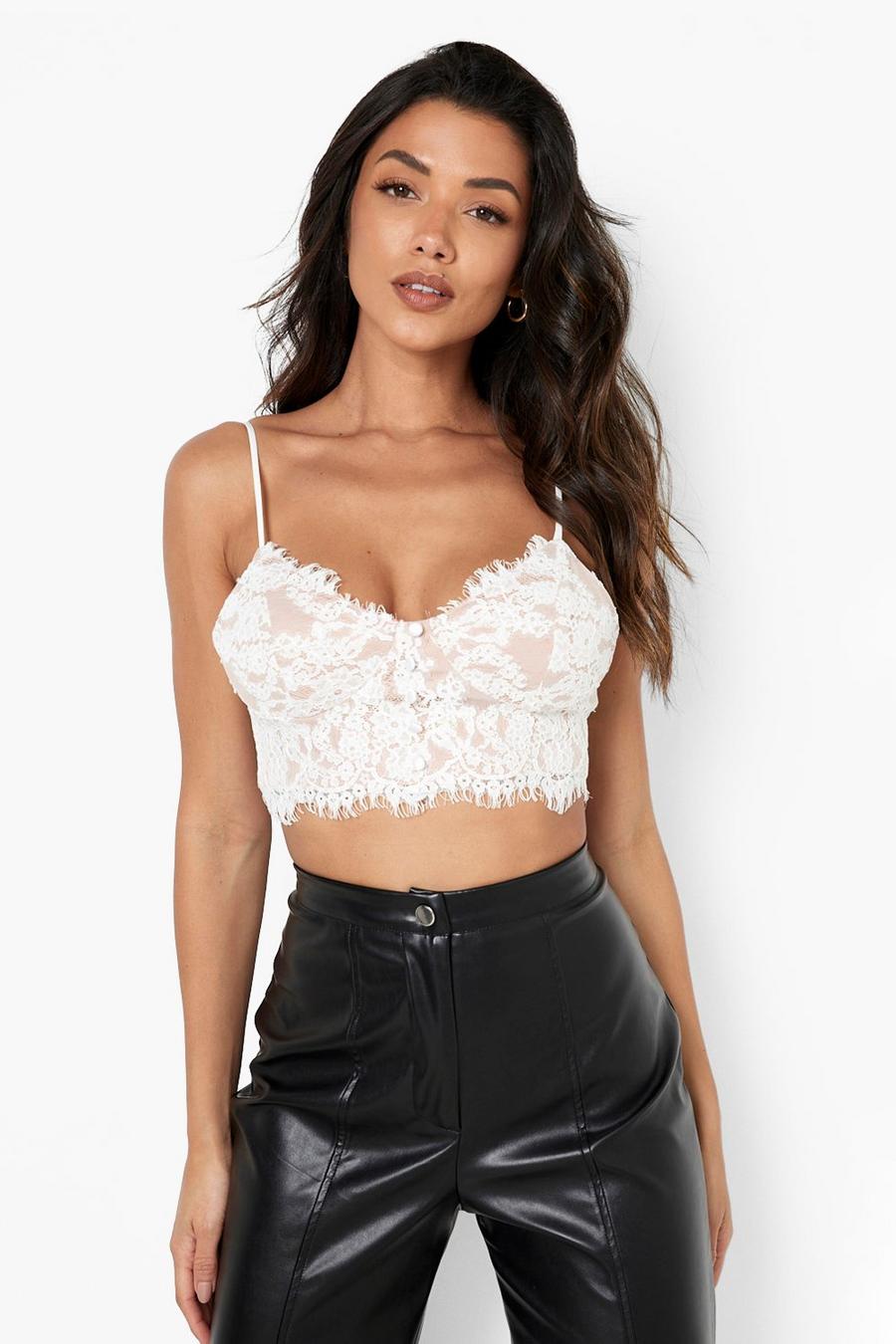 White Lace Button Detail Crop Top image number 1