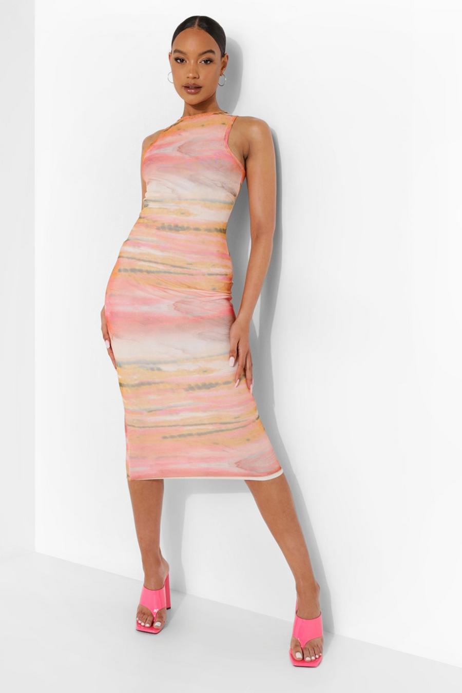 Orange Marble Print Sleeveless Midaxi Dress image number 1