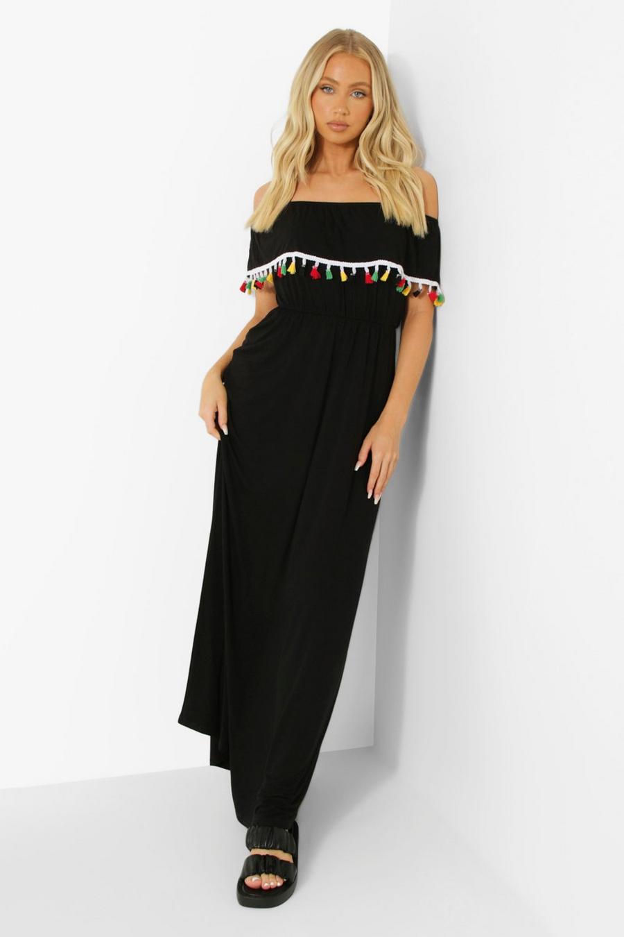 Black Off The Shoulder Tassel Maxi Dress image number 1