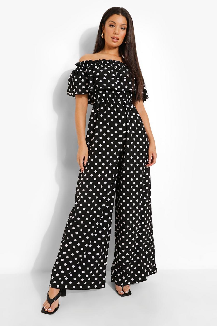 Black Polka Dot Bardot Frill Wide Leg Jumpsuit image number 1