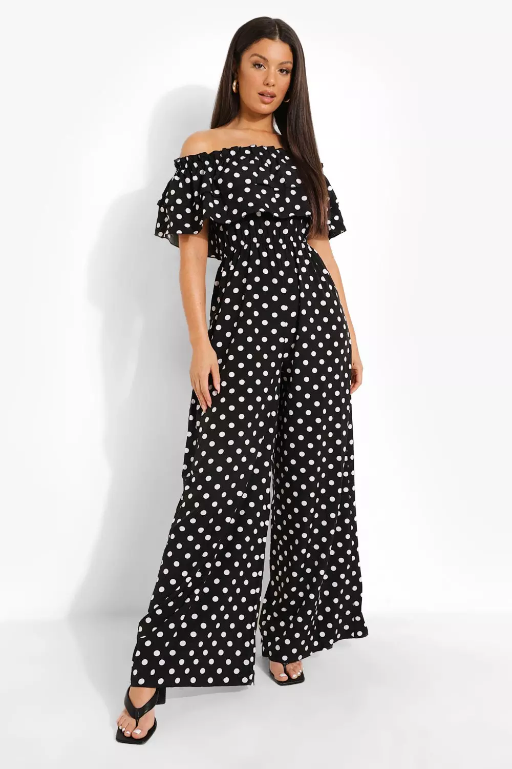 Polka dot hot sale bardot jumpsuit