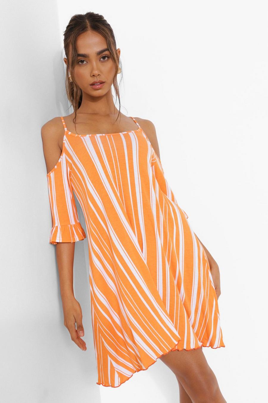 Orange Striped Cold Shoulder Swing Dress image number 1