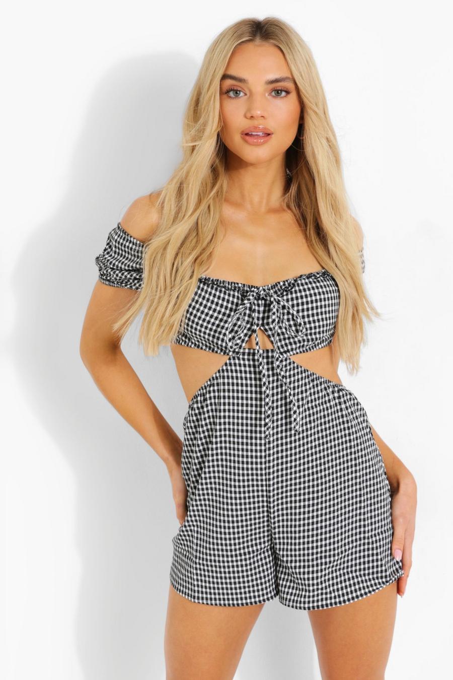 Black Gingham Cut Out Puff Sleeve Playsuit image number 1