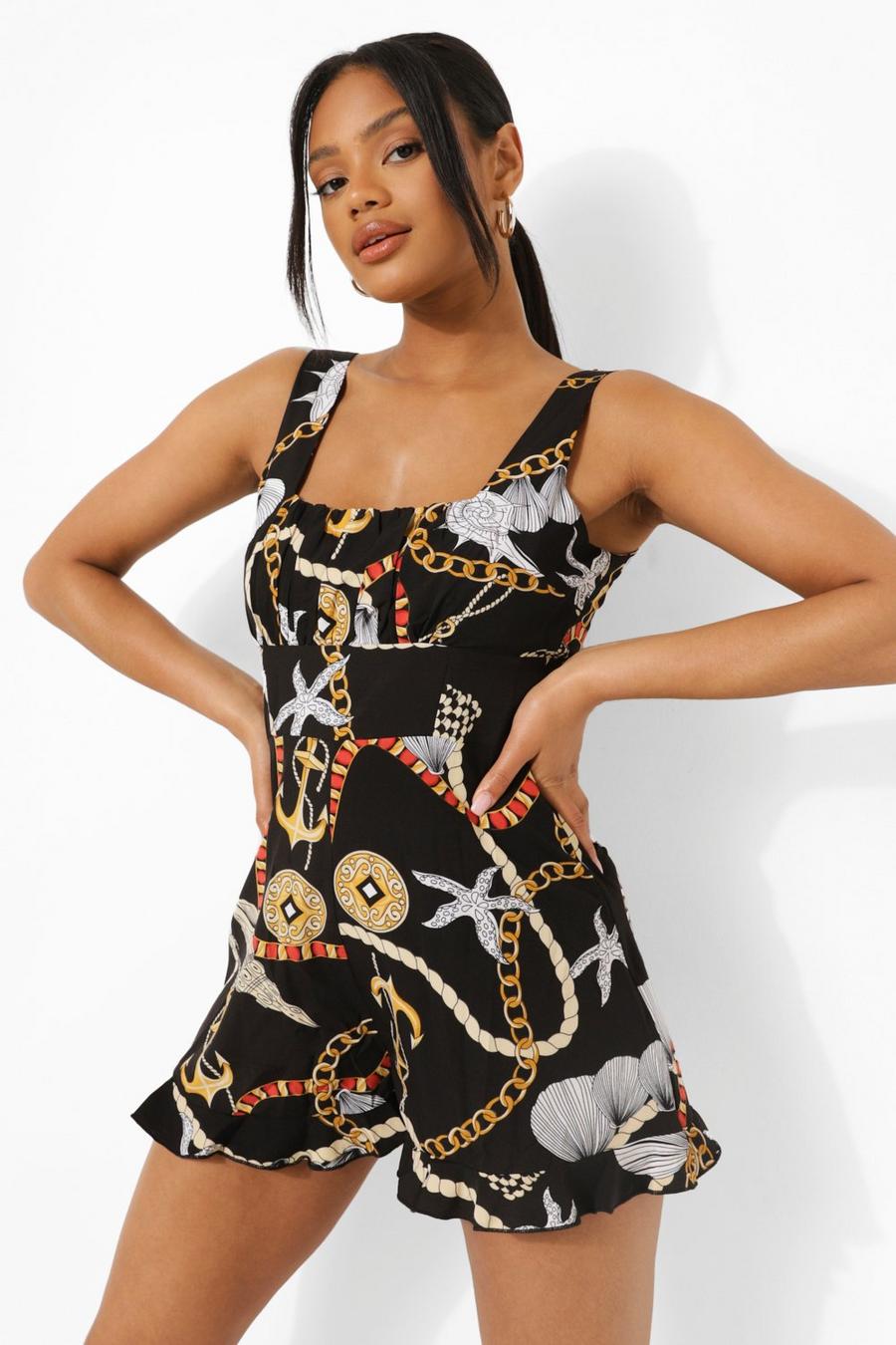 Black Nautical Print Rouched Bust Playsuit image number 1