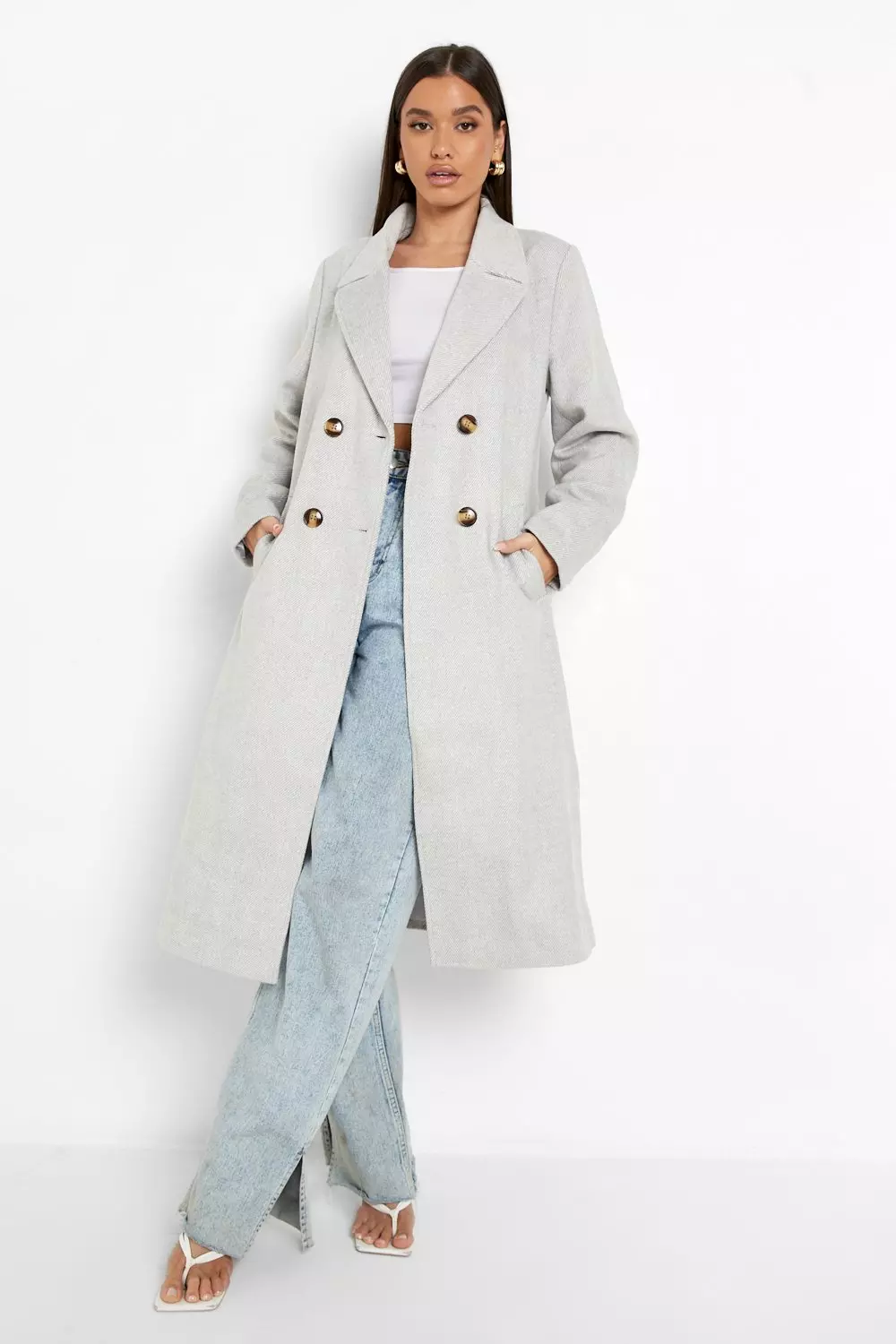 Grey Herringbone Wool Look Coat alternative image