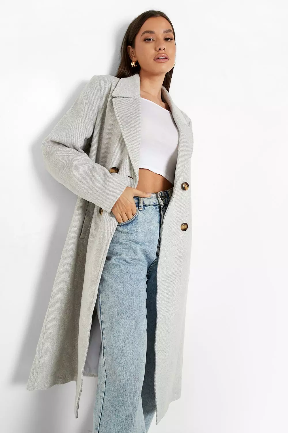 Grey Herringbone Wool Look Coat alternative image