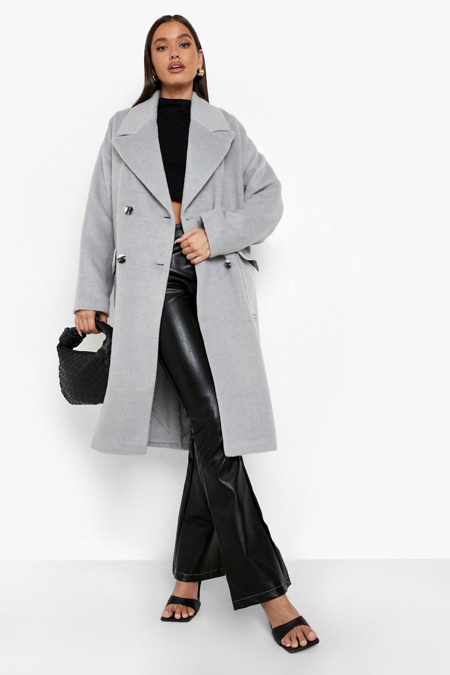 boohoo Short Belted Textured Wool Look Coat - Grey - Size 12