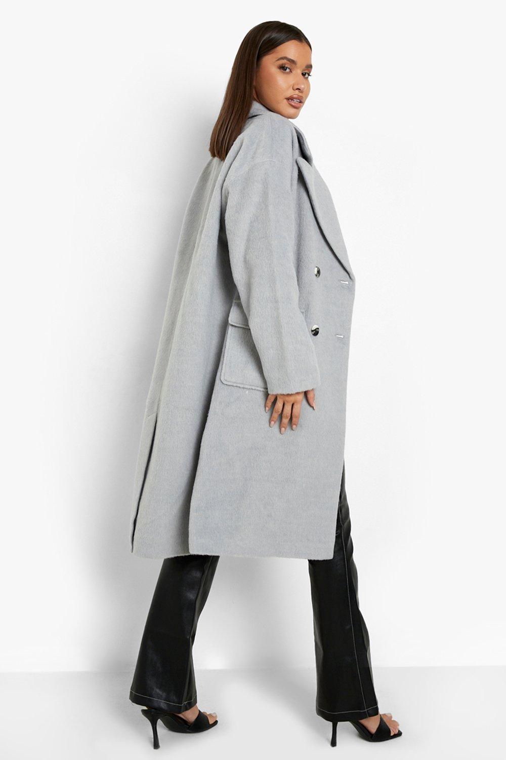 Grey Brushed Wool Look Oversized Drop Shoulder Coat