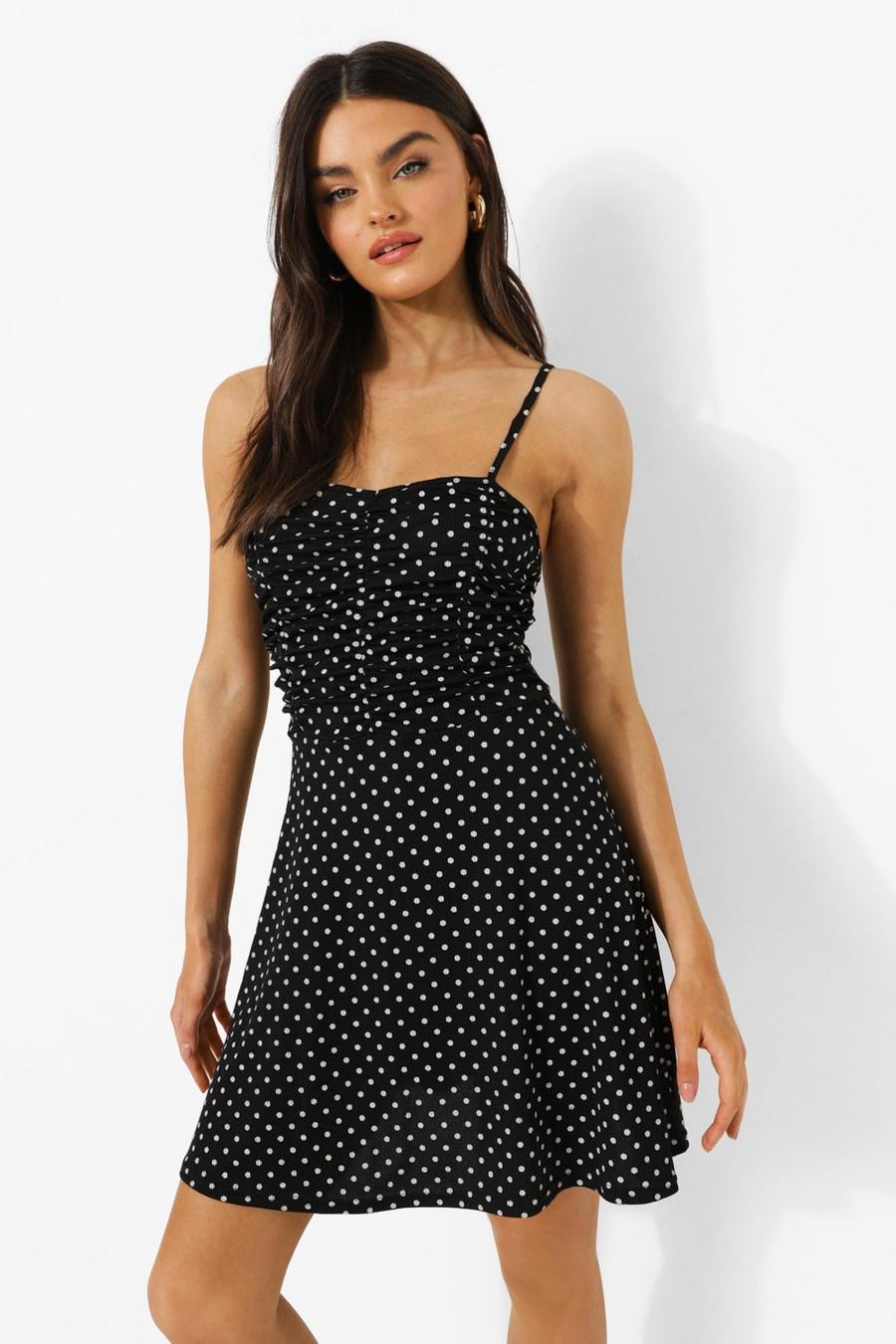 Black Polka Dot Ruched Detail Skater Dress image number 1