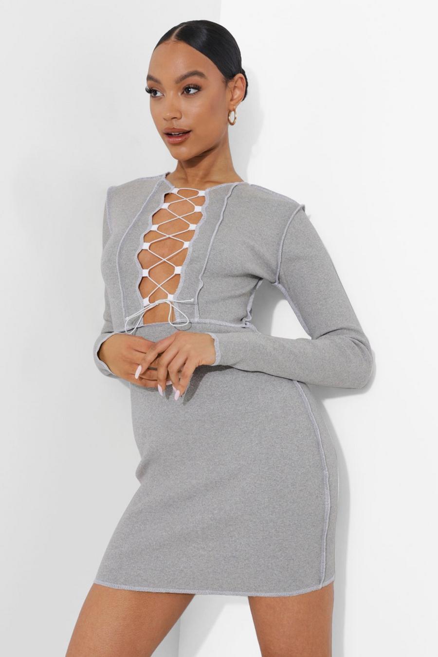 Grey Exposed Seam Lace Up Mini Dress image number 1