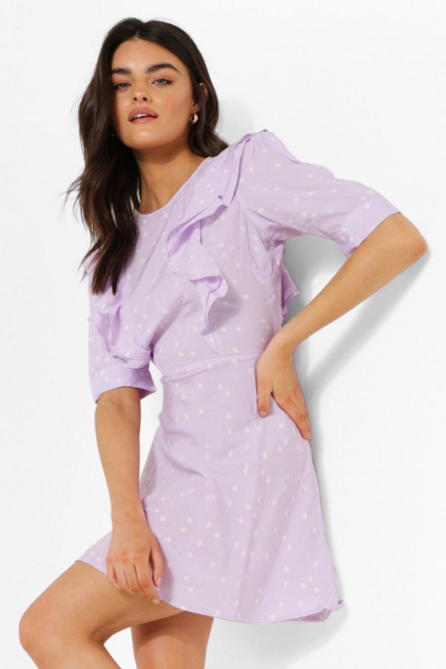 Lilac Polka Dot Ruffle Skater Dress image number 1