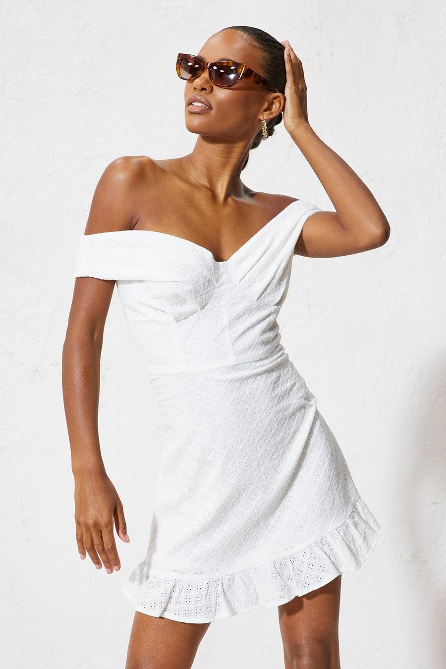 White Broderie Off The Shoulder Mini Dress image number 1
