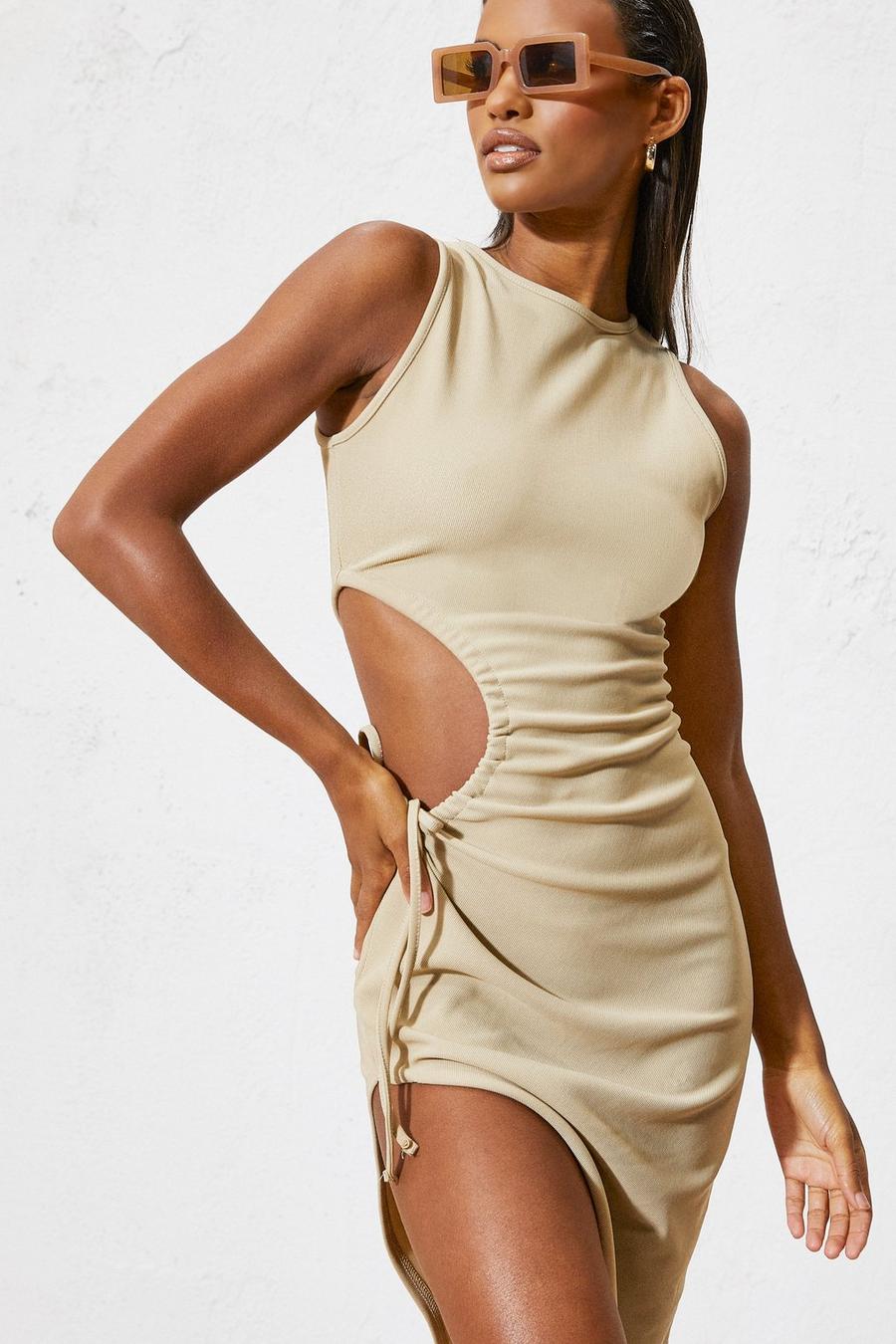 Sand Premium Rib Cut Out Asymetric Midaxi Dress image number 1