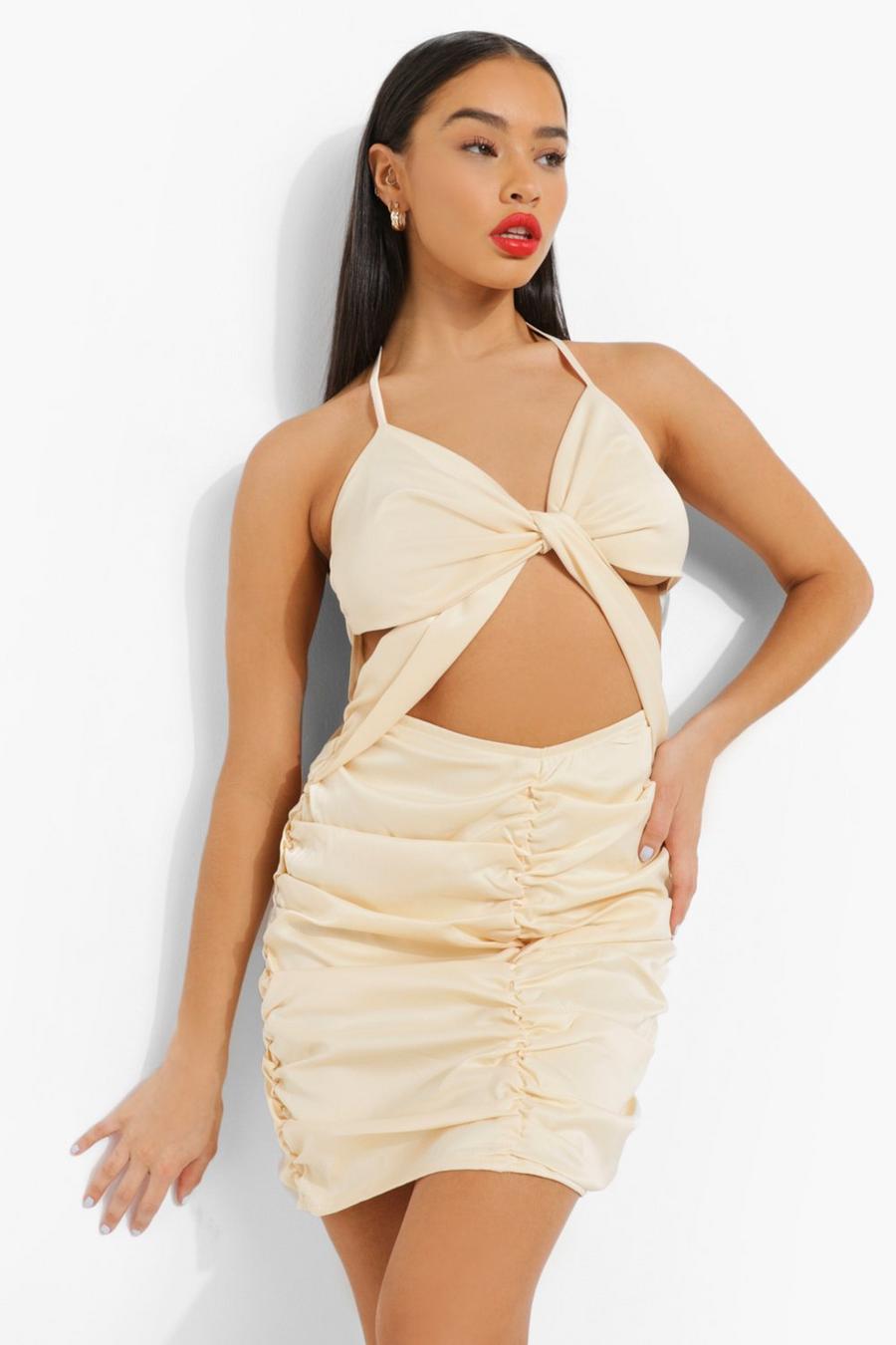 Cream Satin Twist Front Cut Out Mini Dress image number 1