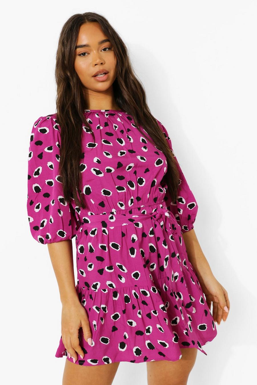Pink Leopard Print Drop Hem Skater Dress image number 1