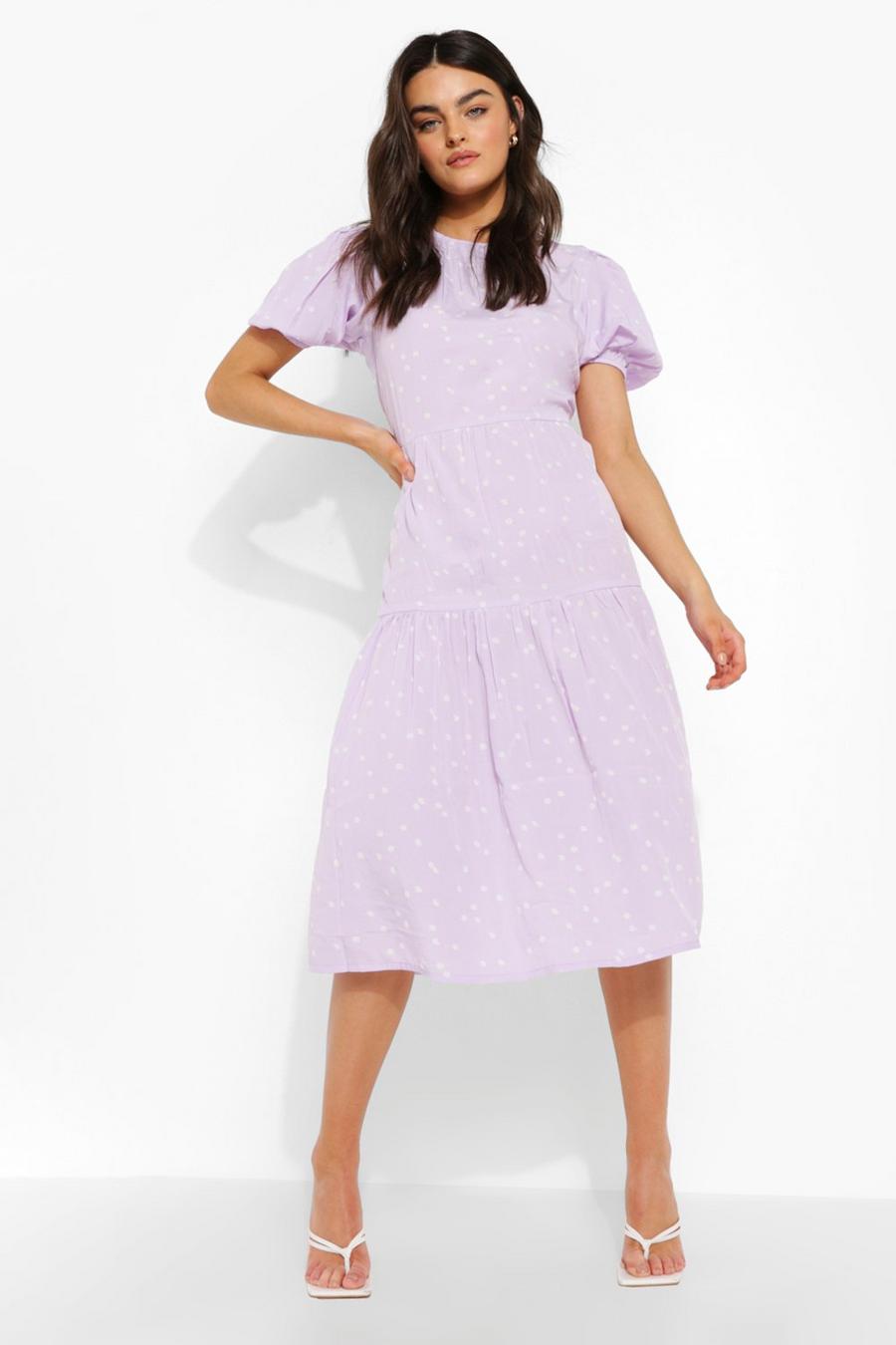 Lilac Polka Dot Short Sleeve Midi Smock Dress image number 1