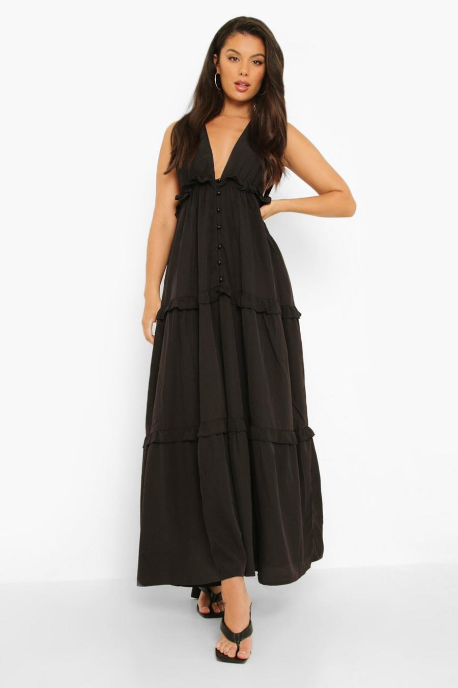 Black Plunge Tiered Ruffle Maxi Dress image number 1