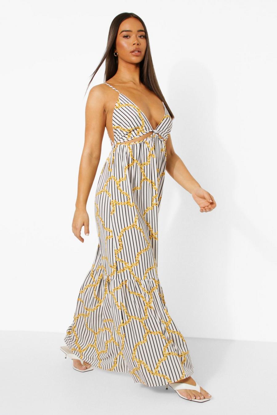 Navy Striped Chain Print Cut Out Maxi Dress image number 1
