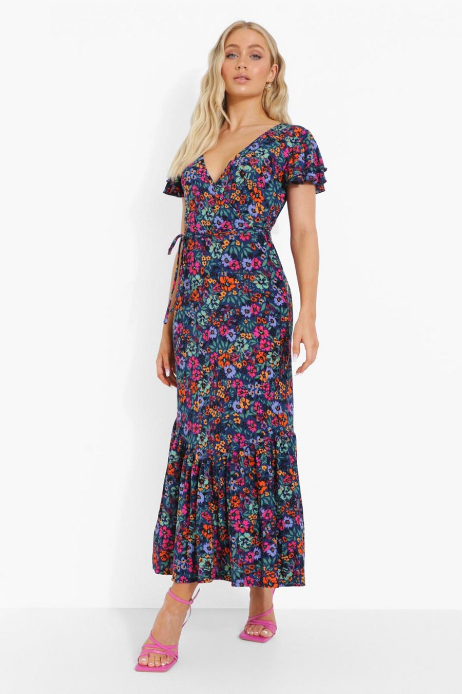 Navy Floral Print Wrap Drop Hem Midi Dress image number 1