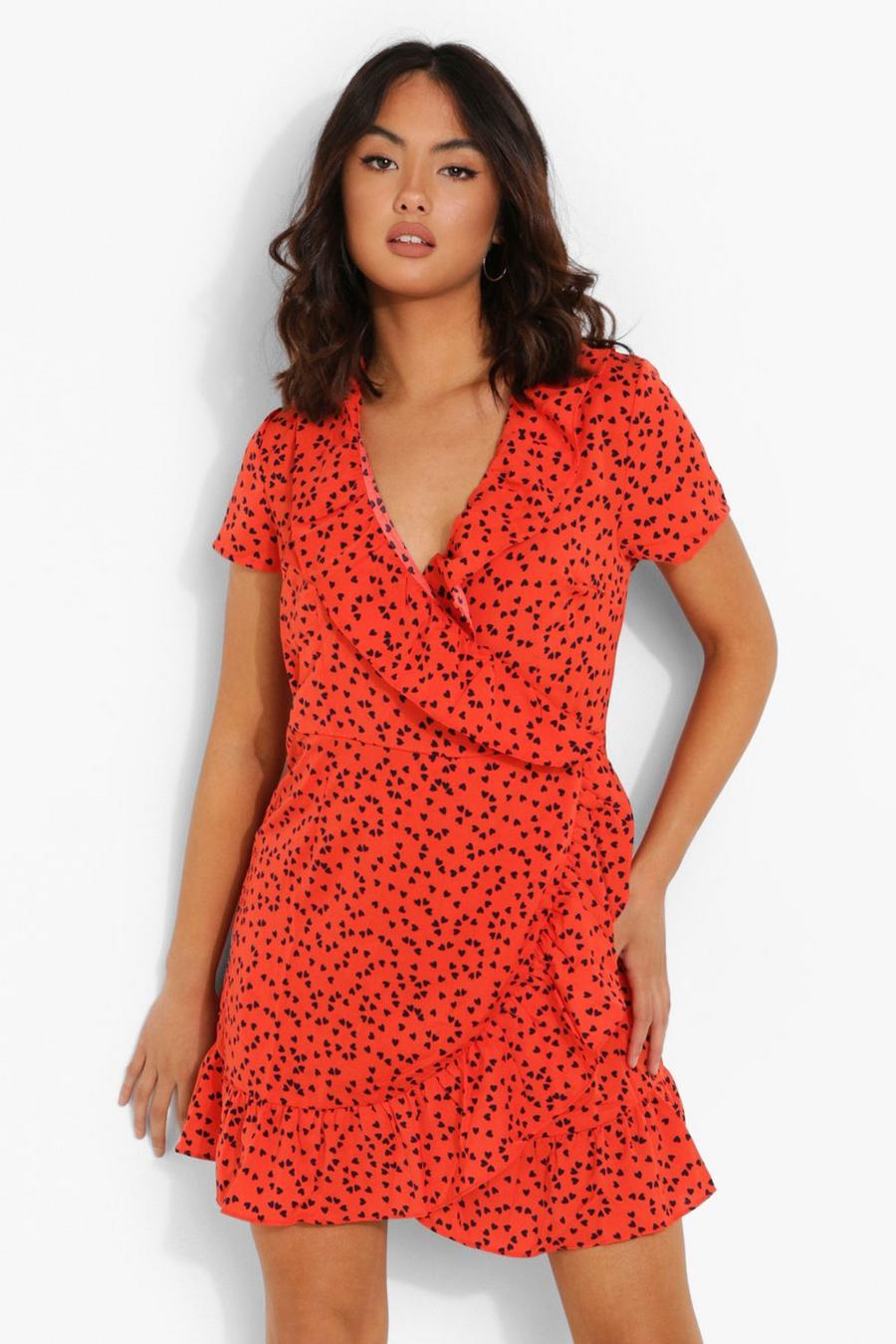 Red Heart Print Wrap Tea Mini Dress image number 1