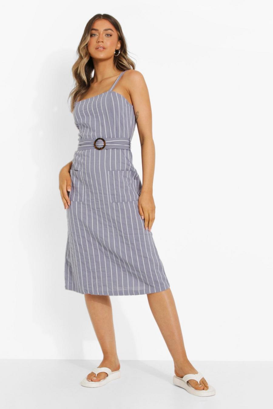 Blue Striped Belt Detail Midaxi Dress