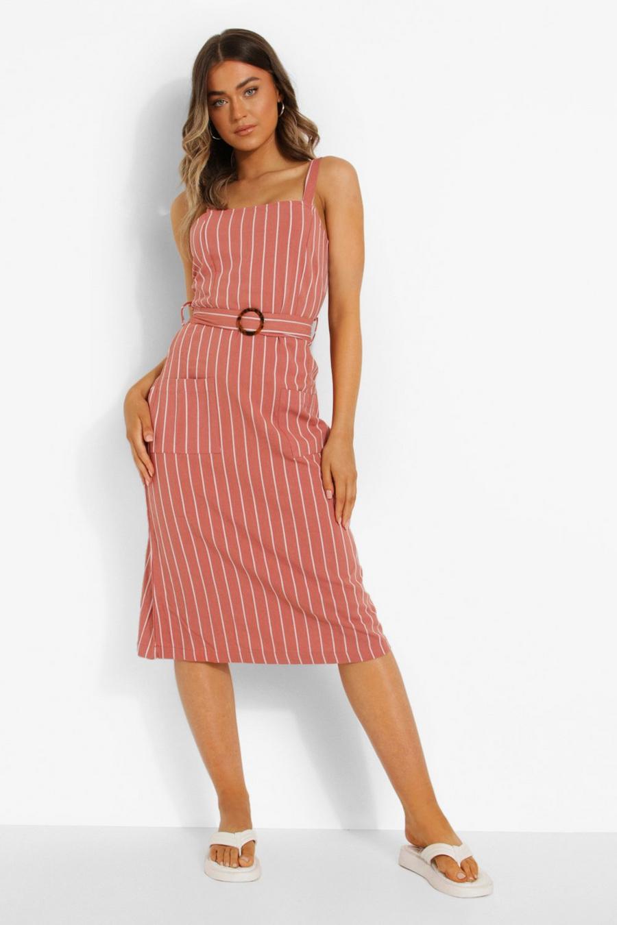 Pink Striped Belt Detail Midi Dress image number 1