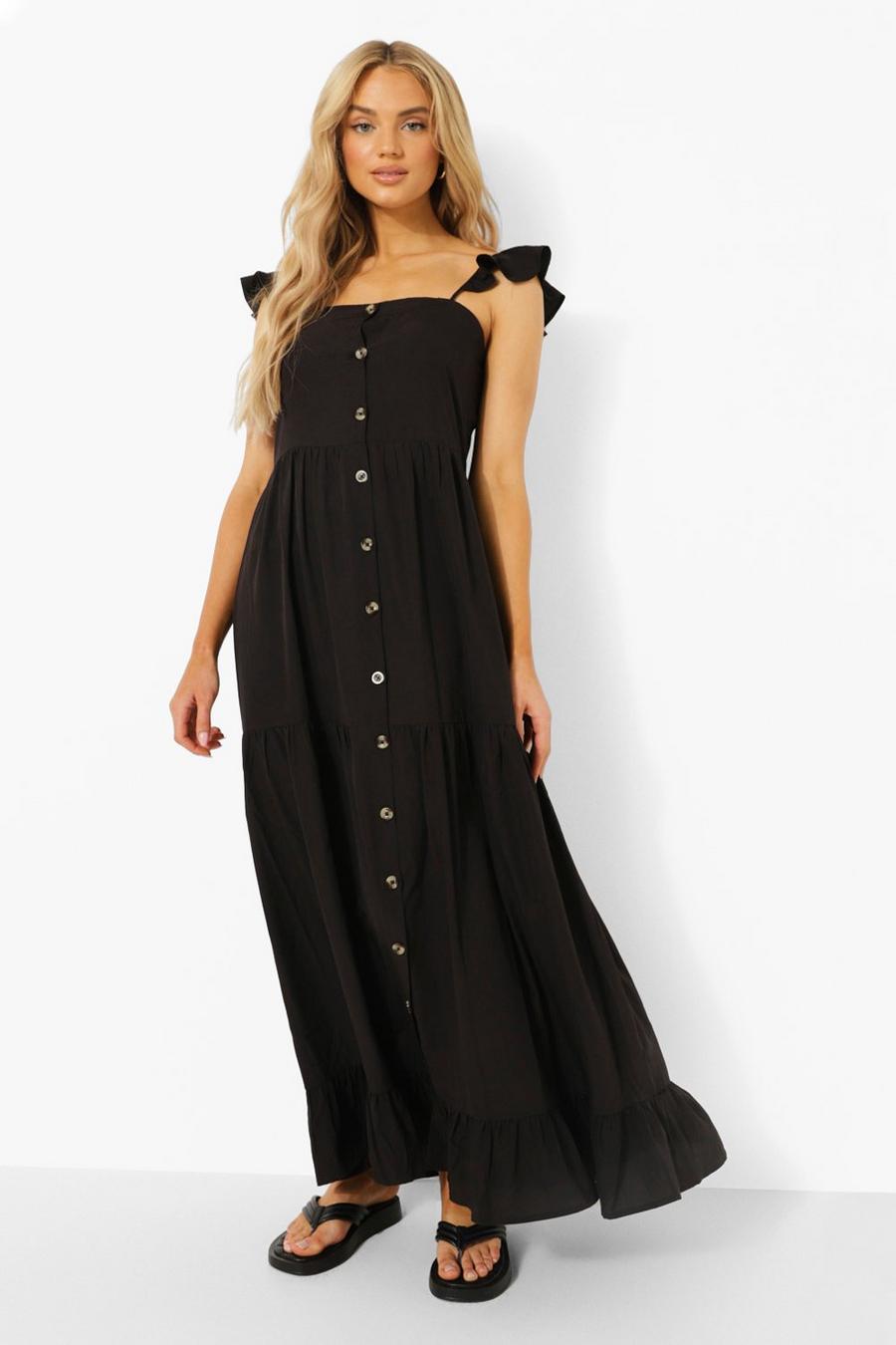 Black Button Down Frill Strap Tiered Maxi Dress image number 1