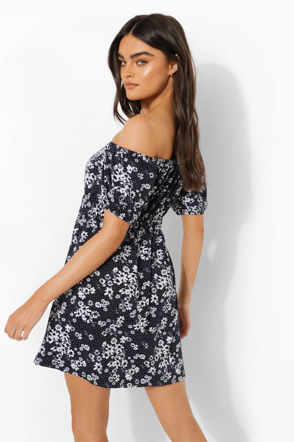 Navy floral 2025 off shoulder dress