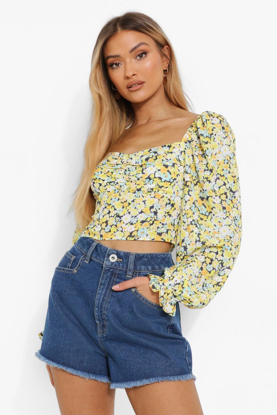 Yellow Floral Puff Sleeve Top image number 1
