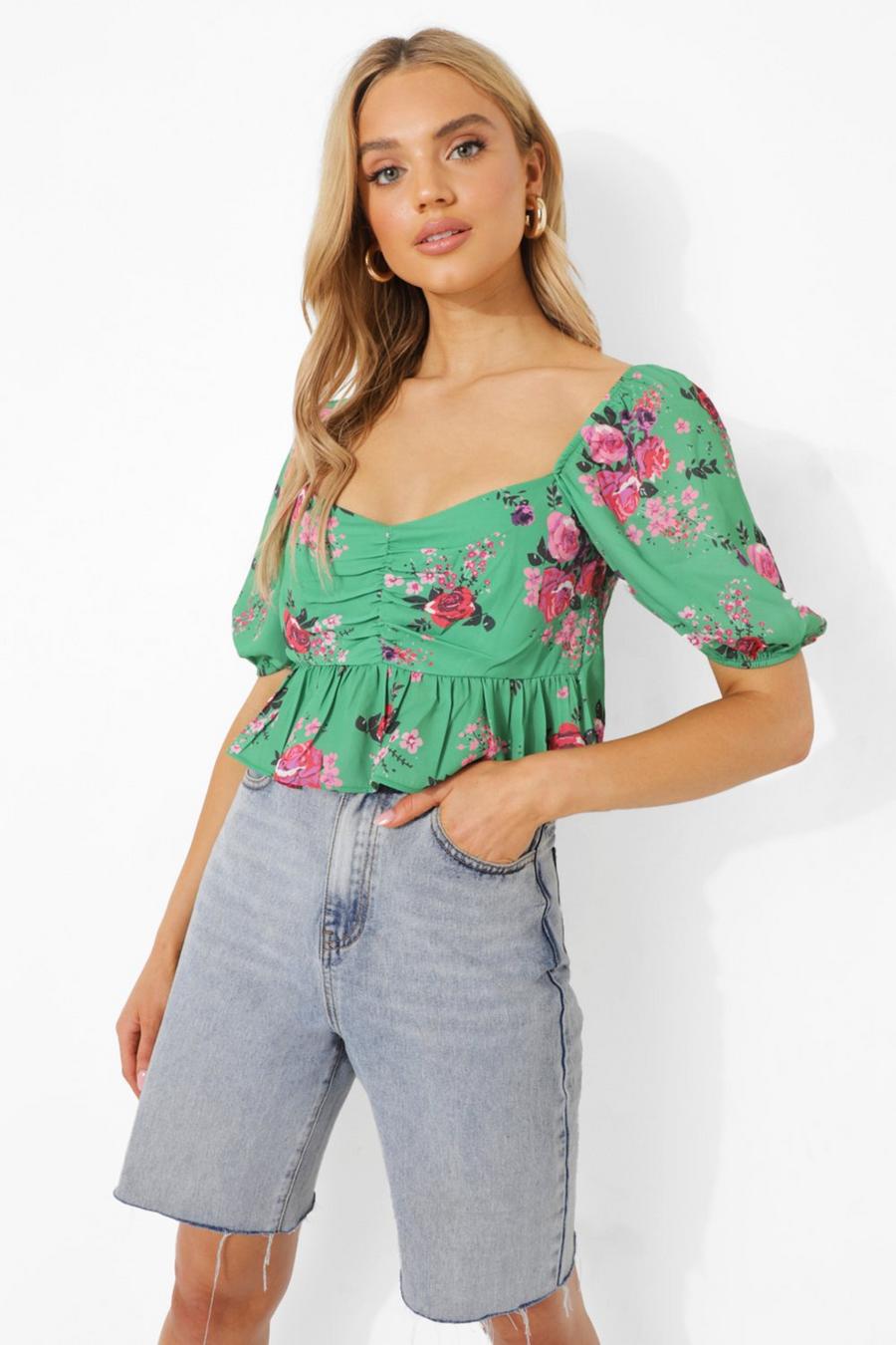 Green Printed Gathered Bust Top image number 1