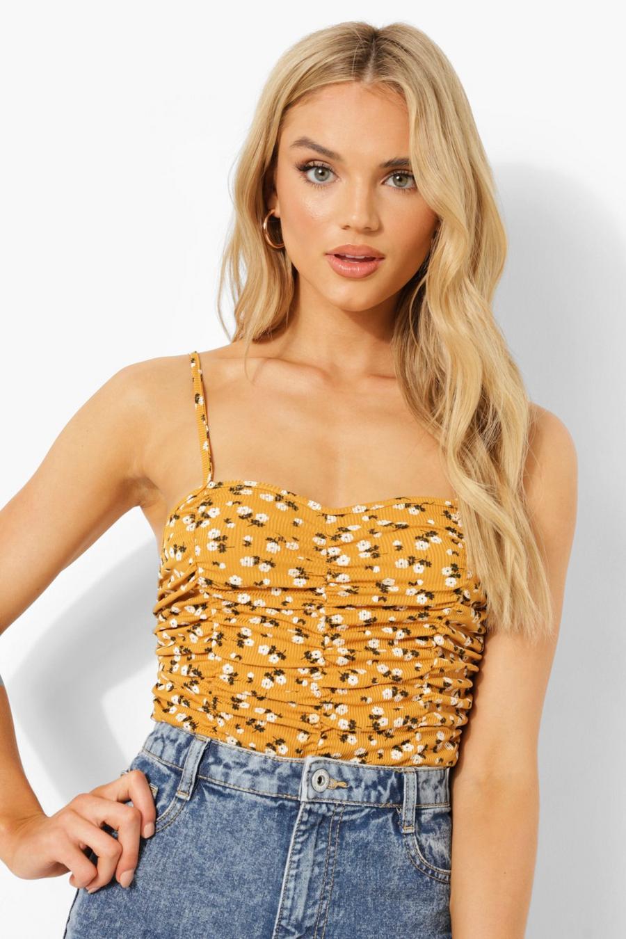 Mustard Printed Ribbed Ruched Front Bodysuit image number 1