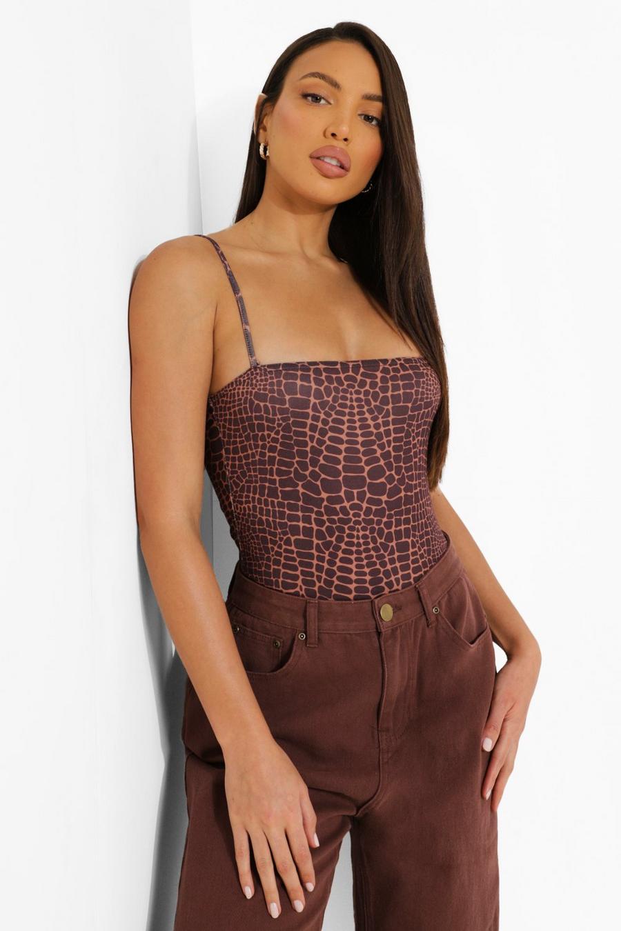 Chocolate Tall Croc Strappy Jersey Bodysuit image number 1