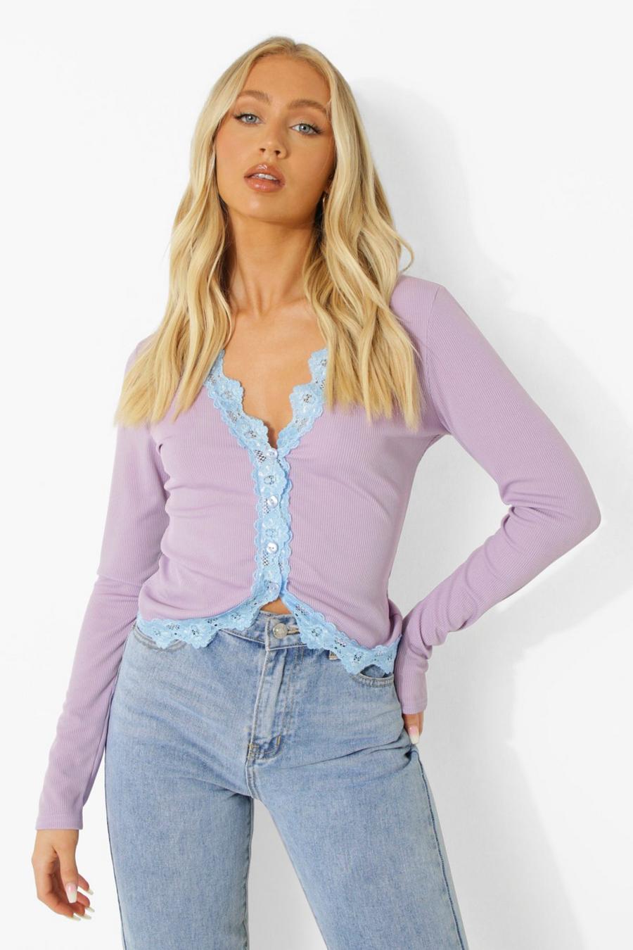 Lilac Contrast Lace Trim Button Up Top image number 1