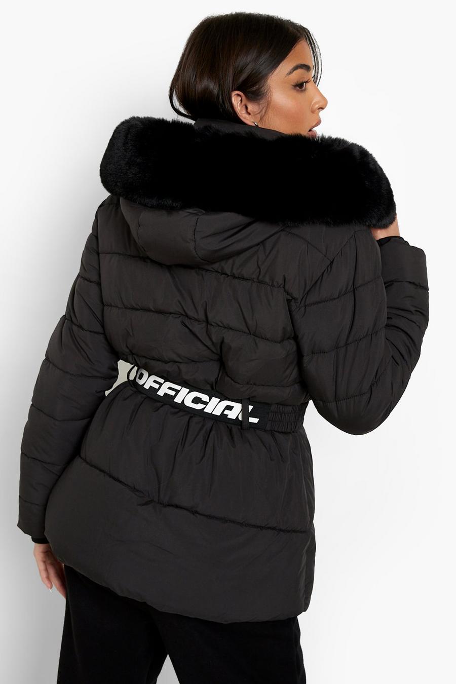 Black Faux Fur Trim Belted Puffer Jacket image number 1