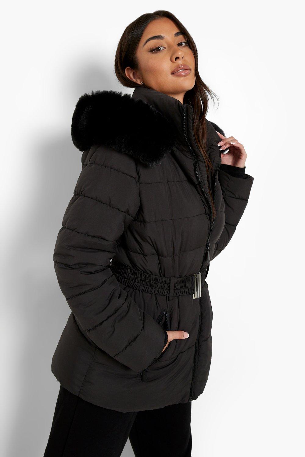 Faux fur hood on sale belted puffer jacket