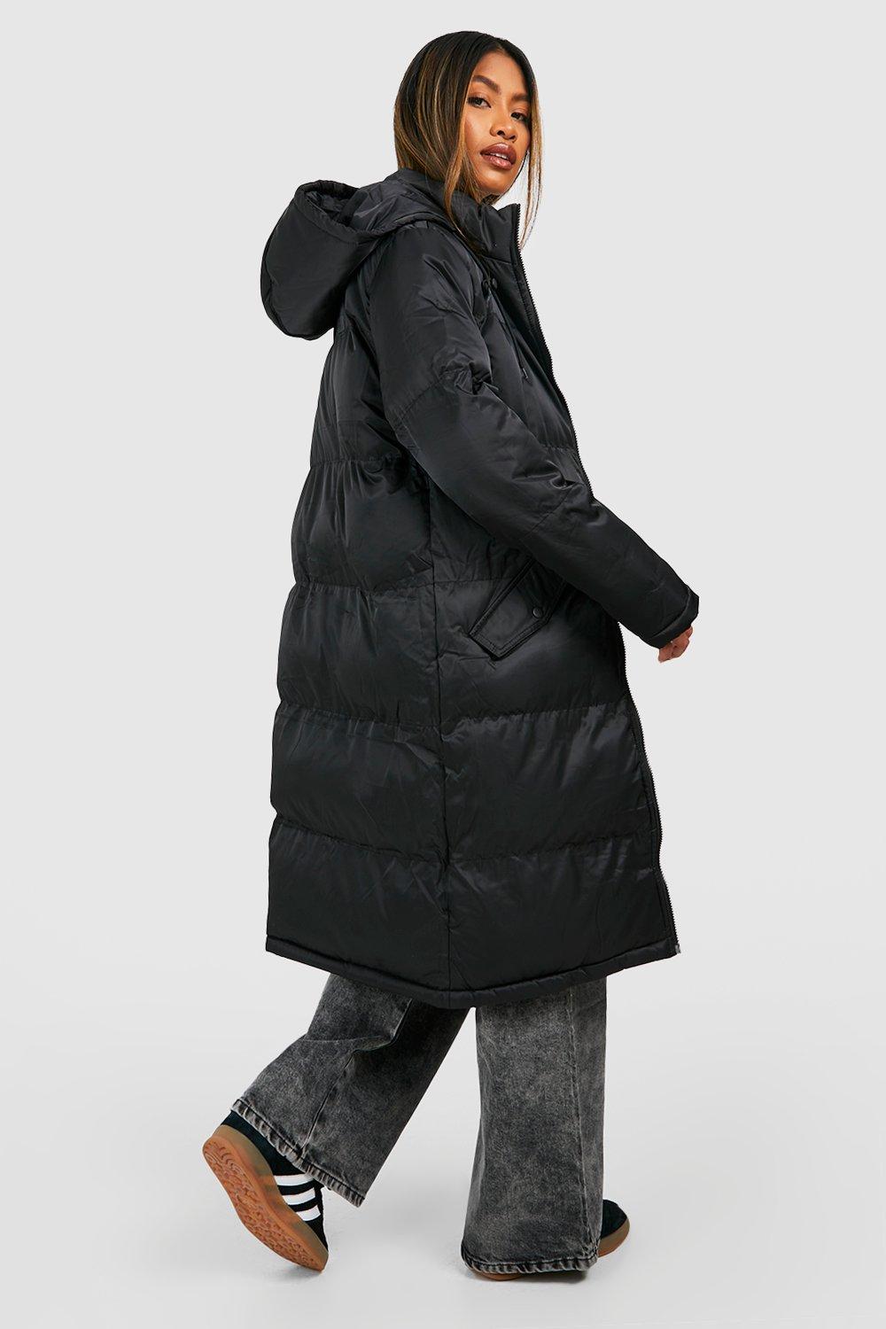 Boohoo longline padded coat with hood store in black