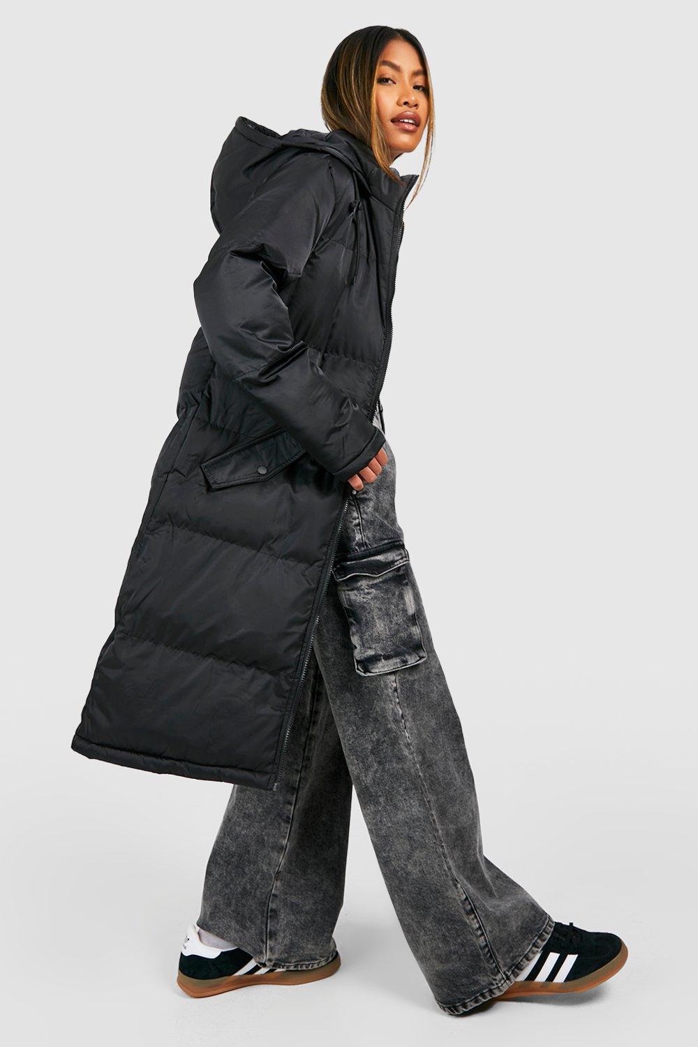 Heather Hooded Padded Longline Puffer Jacket in Black