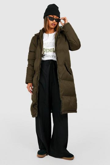 Khaki Longline Hooded Padded Puffer Jacket