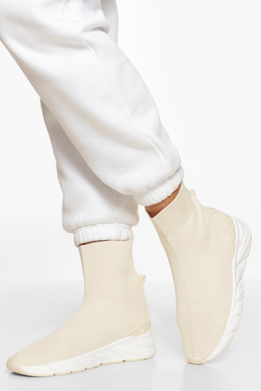 Cream Contrast Sole Knitted Sock Sneakers image number 1