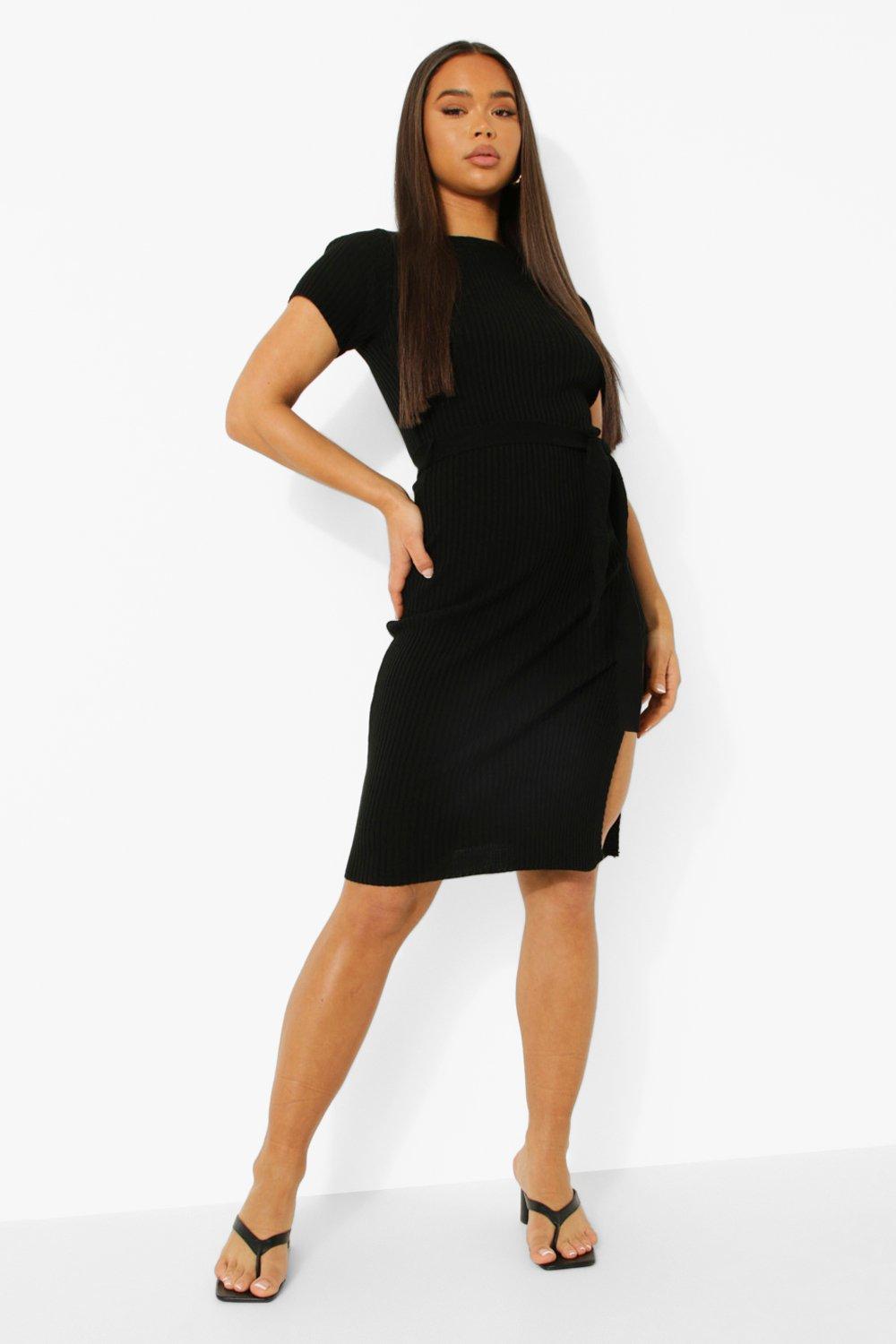 Rib Knit Tie Waist Short Sleeve Midi Dress boohoo
